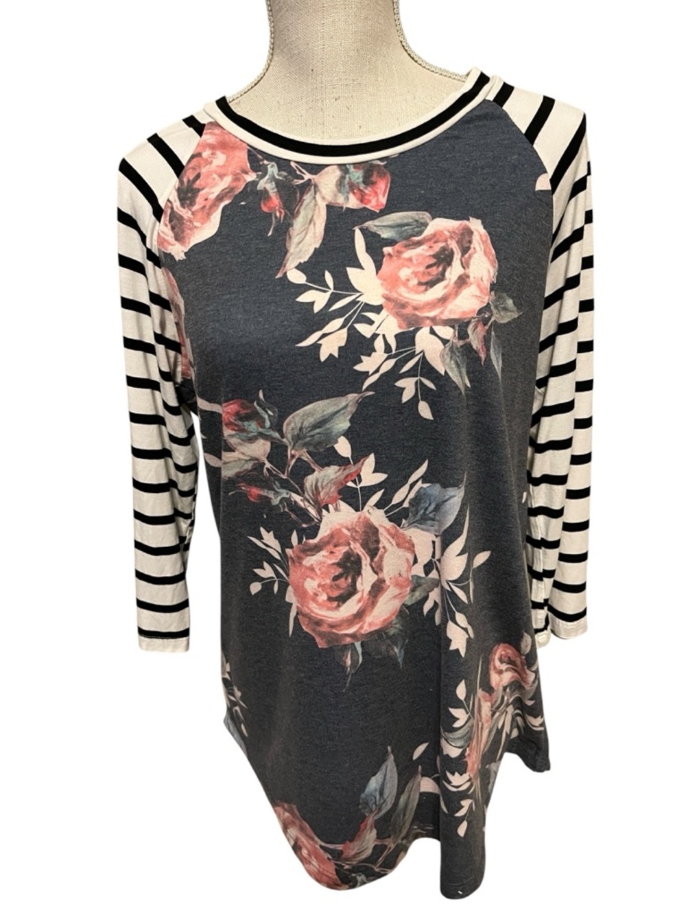 Floral Stripe Raglan Tunic Top - Navy with Pink Roses